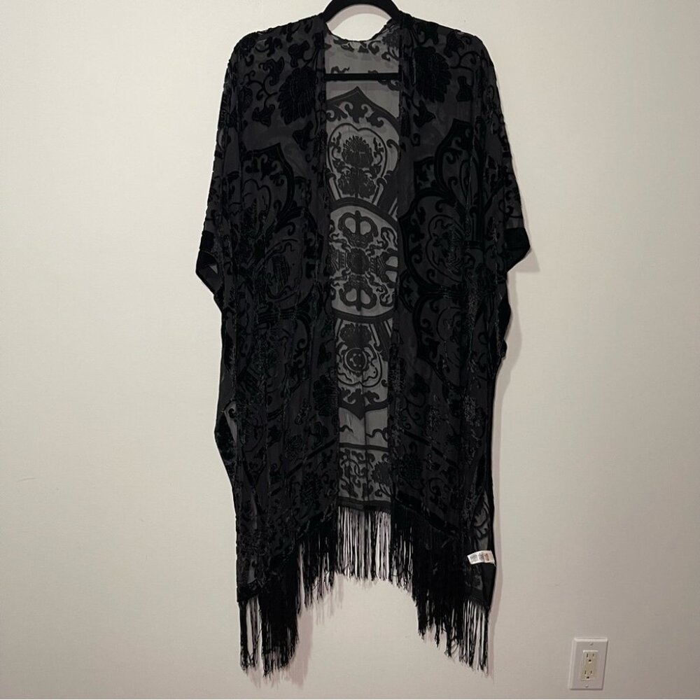 *Sold* Mossimo Supply Co. Black Velvet Burnout Kimono Cardigan Fringe Boho
